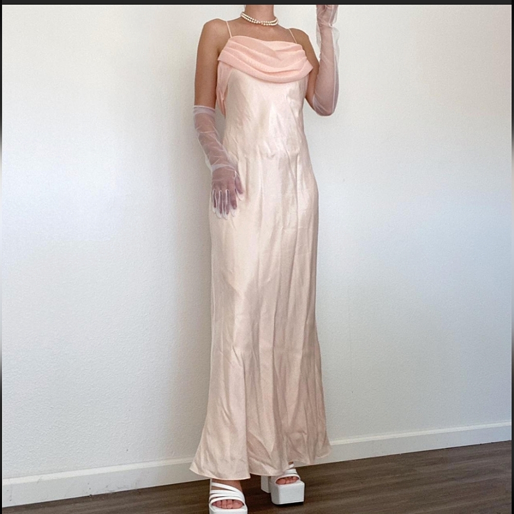 Vintage bias cowl neck peach prom dress